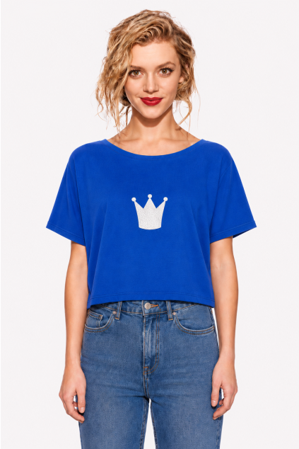 Ela Crop, Dámske tričko oversize, Královská modrá, Korunka biela (Velkosť L)
