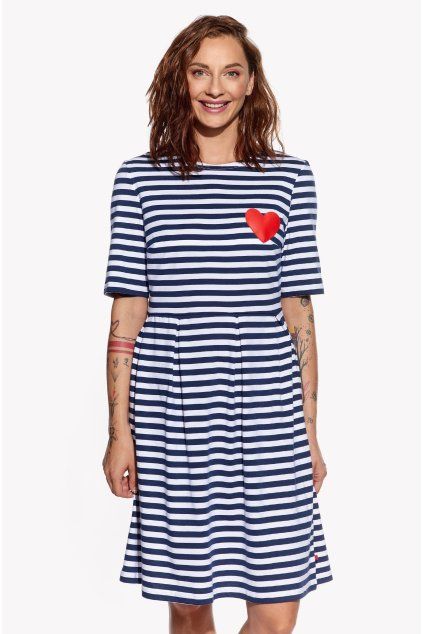 Valentina, Dámske šaty, Tmavomodrý pásik, Srdce (Veľkosť XXS)